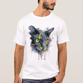 Dark Watercolor Cat Face Neon Eyes Art T-Shirt
