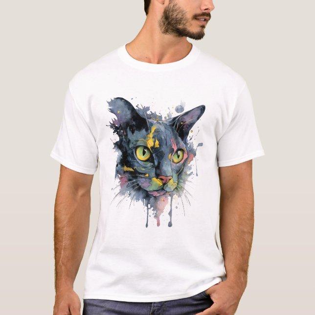 Dark Watercolor Cat Face Neon Eyes Art T-Shirt (Front)