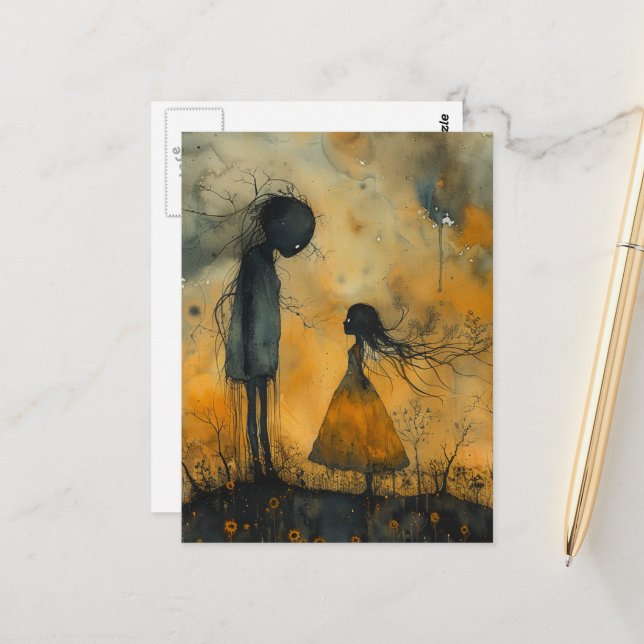 Dark Watercolor Couple in Love Postcard (Front/Back In Situ)