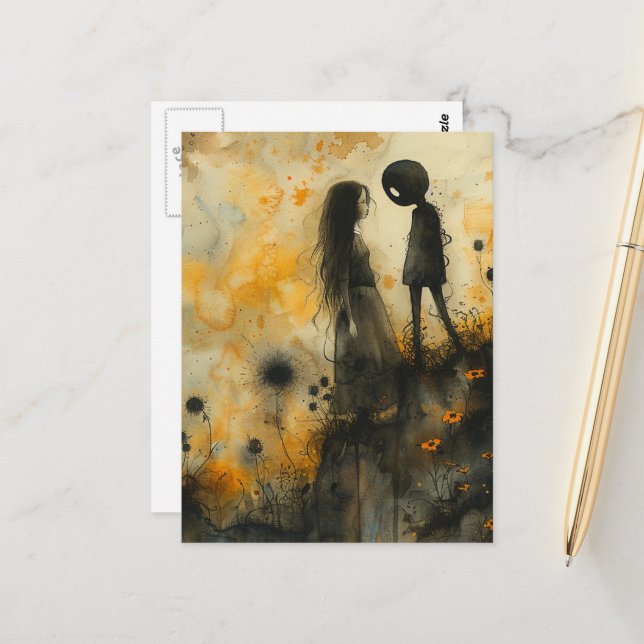 Dark Watercolor Couple in Love Postcard (Front/Back In Situ)