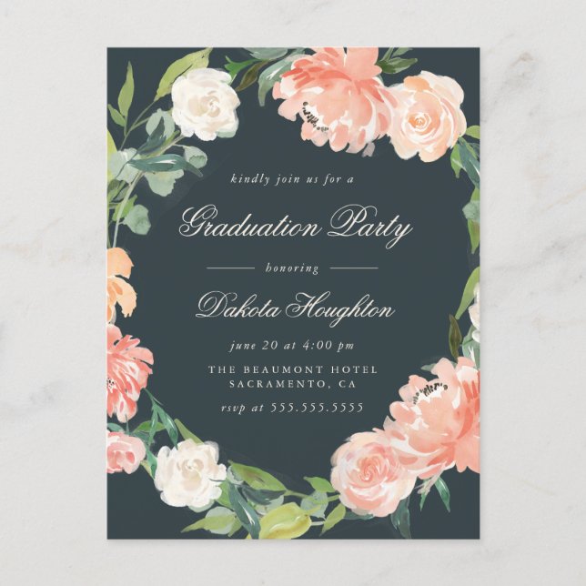 Dark Watercolor Eucalyptus Wreath Graduation Party Invitation Postcard (Front)