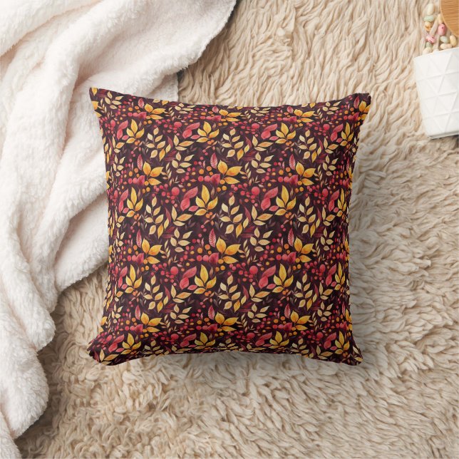 Dark Watercolor Fall Leaves Throw Pillow (Blanket)