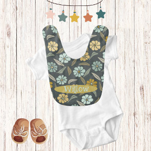 Dark Watercolor Field Flowers Pattern Monogram Baby Bib