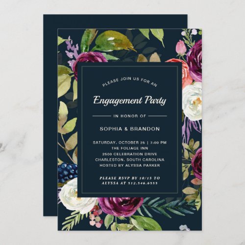 Dark Watercolor Floral Boho  Engagement Party Invitation