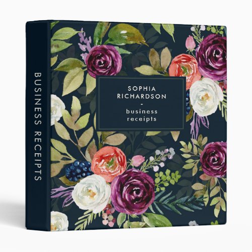 Dark Watercolor Floral Boho Pattern 3 Ring Binder