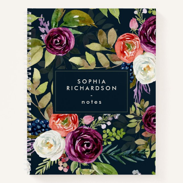 Dark Watercolor Floral Boho Pattern Notebook (Front)
