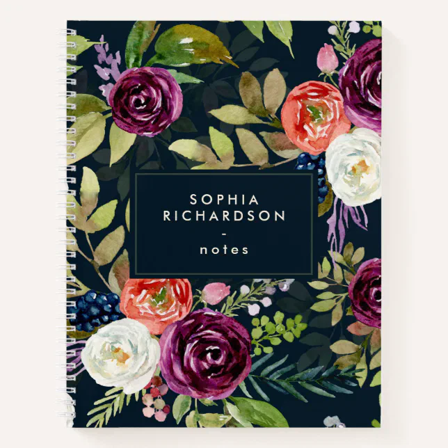Dark Watercolor Floral Boho Pattern Notebook | Zazzle