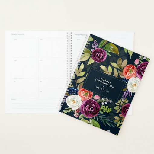 Dark Watercolor Floral Boho Pattern Planner | Zazzle
