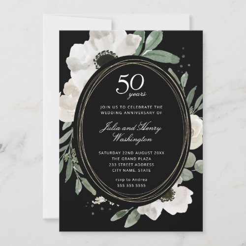 Dark Watercolor Floral Gold Frame 50th Anniversary Invitation