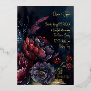 Dark Watercolor Moody Floral Wedding Foil Invitation