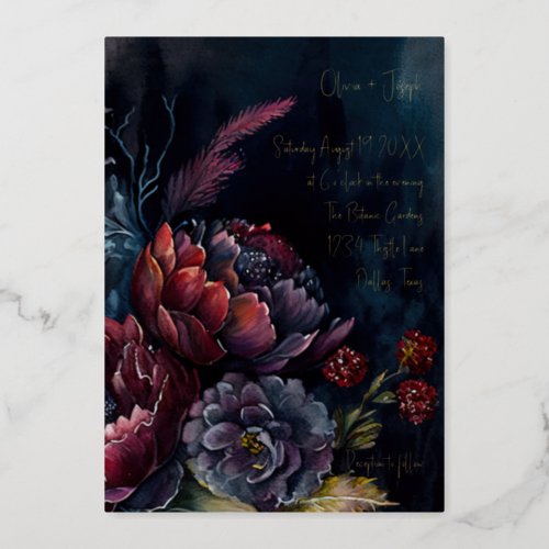 Dark Watercolor Moody Floral Wedding Foil Invitation