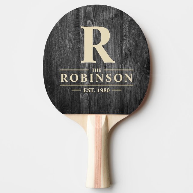 Dark Weathered Wood Family Name & Initial Ping Pong Paddle (Front)