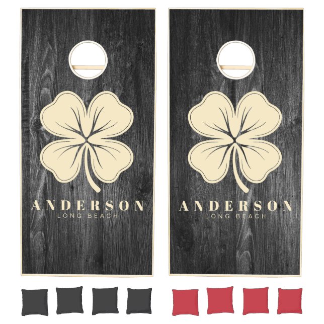 Dark Weathered Wood Four Leaf Clover with Name Cornhole Set (Set)