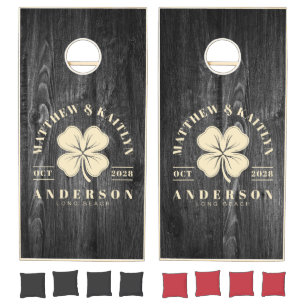 Dark Weathered Wood  Irish Clover Wedding Crest Cornhole Set