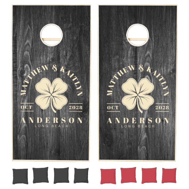 Dark Weathered Wood  Irish Clover Wedding Crest Cornhole Set (Set)