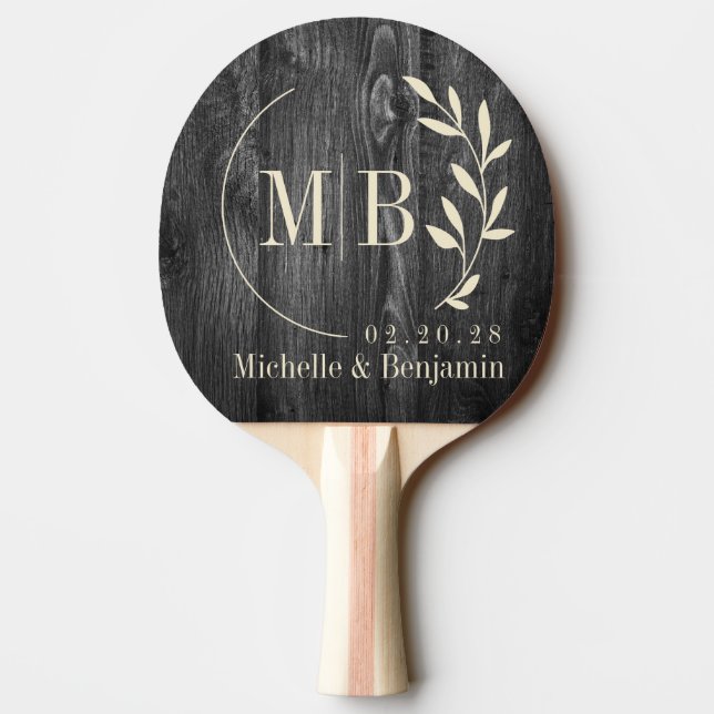 Dark Weathered Wood Leaf Wedding Monogram Ping Pong Paddle (Back)