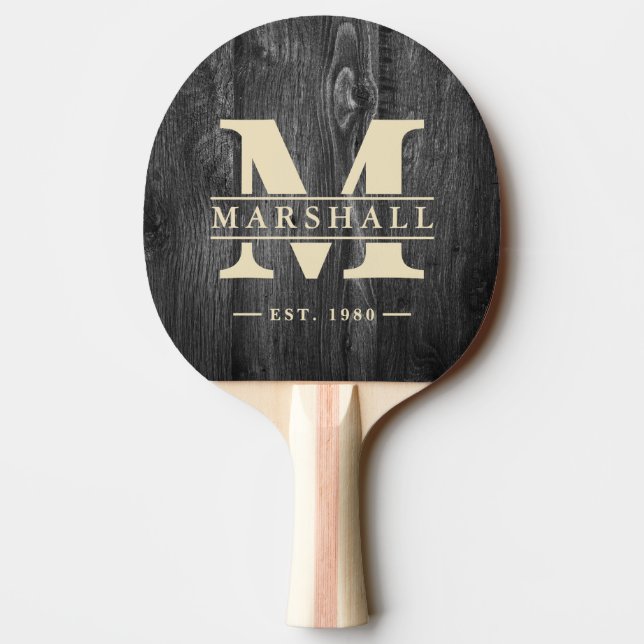 Dark Weathered Wood Monogram & Name Overlay Ping Pong Paddle (Back)