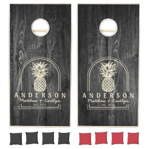 Dark Weathered Wood Pineapple Wedding Arch & Name Cornhole Set