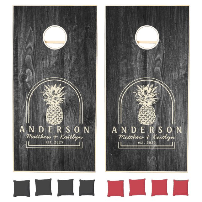 Dark Weathered Wood Pineapple Wedding Arch & Name Cornhole Set (Set)