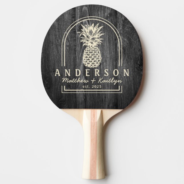 Dark Weathered Wood Pineapple Wedding Arch&Name Ping Pong Paddle (Front)