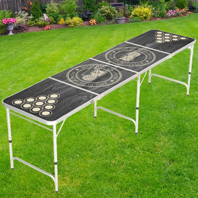 Dark Weathered Wood Pineapple Wedding Crest & Name Beer Pong Table (Creator Uploaded)