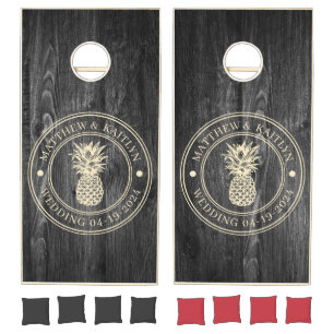 Dark Weathered Wood Pineapple Wedding Names Cornhole Set