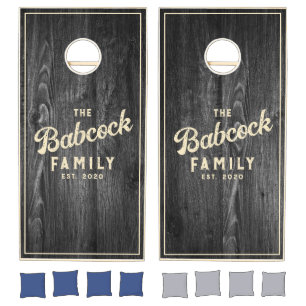 Dark Weathered Wood Retro Family Name & Year Cornhole Set