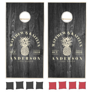Dark Weathered Wood Tropical Pineapple Wedding Cornhole Set