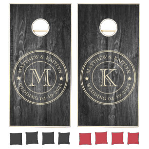 Dark Weathered Wood Wedding Monogram Star Cornhole Set