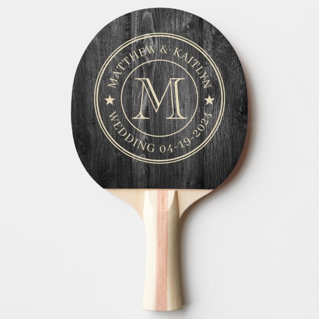 Dark Weathered Wood Wedding Monogram Star Ping Pong Paddle (Front)