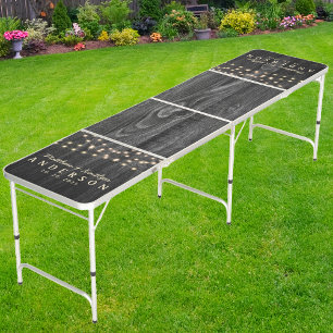 Dark Weathered Wood Wedding String Lighting & Name Beer Pong Table