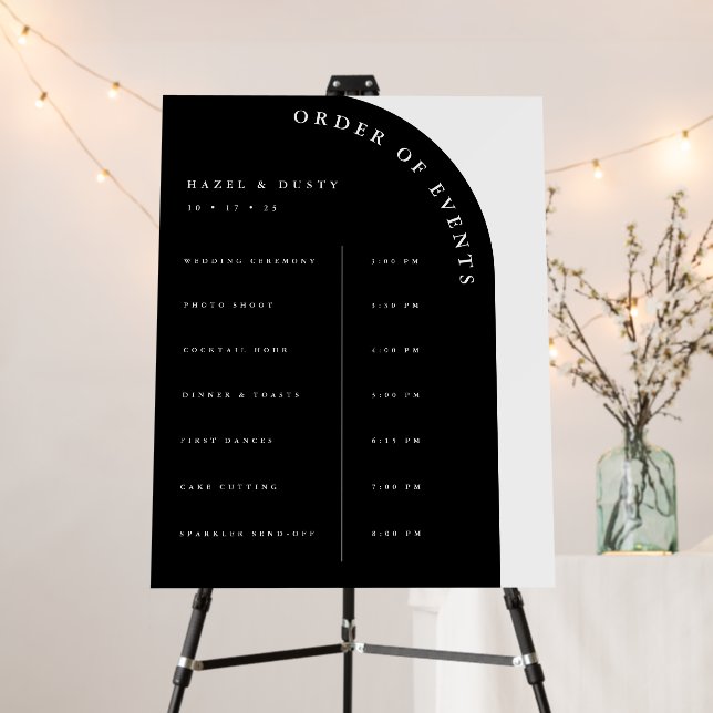 Dark Wedding Arch Timeline Order of Events Sign (In Situ (Stand))