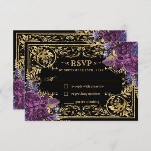 Dark Wedding Deep Purple Floral Vintage Gold   RSVP Card