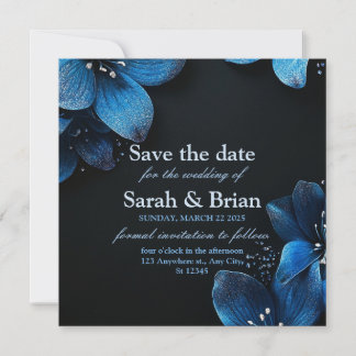Dark wedding invitation card glitter blue flowers