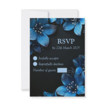 Dark wedding RSVP card glitter blue flowers