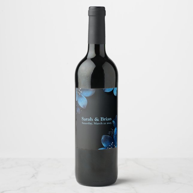 Dark wedding wine bottle glitter blue flowers label (Front)