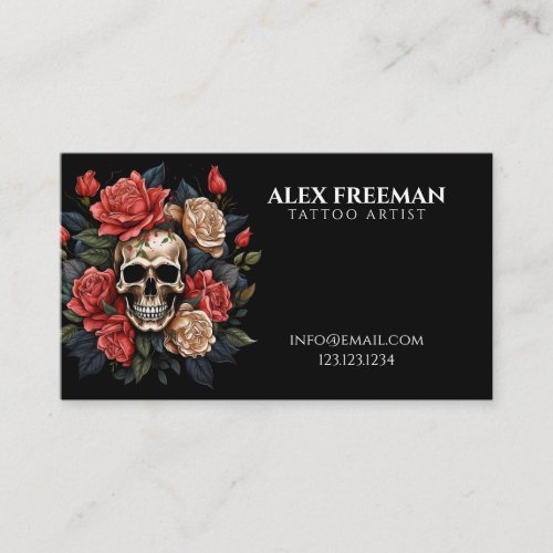 Dark White and Pink Roses Skull Tattoo Artist Business Card
