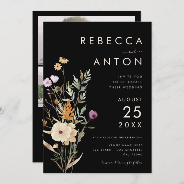 Dark Wildflower 3 Photo Collage QR Code Wedding   Invitation (Front/Back)