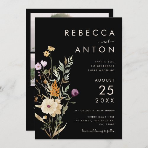 Dark Wildflower 3 Photo Collage QR Code Wedding   Invitation