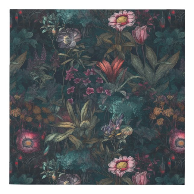 Dark Wildflower Garden Pink and Green Faux Canvas Print (Front)
