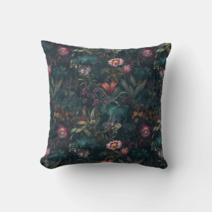 Dark Wildflower Garden Pink and Green Throw Pillow