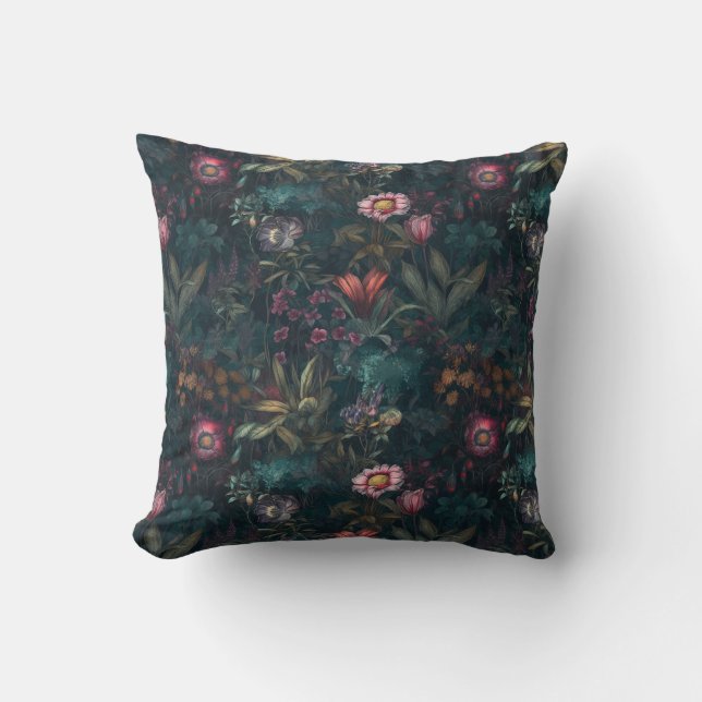 Dark Wildflower Garden Pink and Green Throw Pillow (Front)
