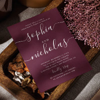 Dark Wine Engagement Party. Modern Script Burgundy