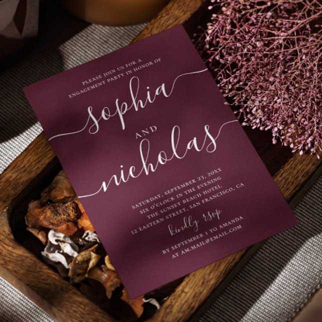 Dark Wine Engagement Party. Modern Script Burgundy Invitation (Creator Uploaded)