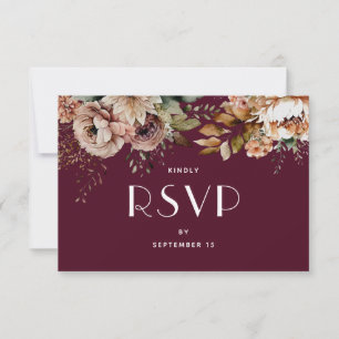 Dark Wine Floral Wedding Rich Burgundy Plum RSVP Card