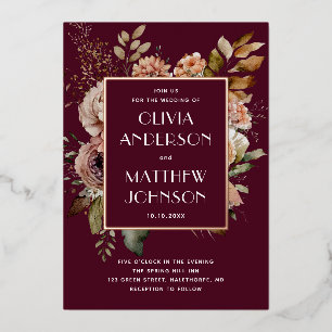 Dark Wine Floral Wedding Romantic Fall Gold Foil Invitation