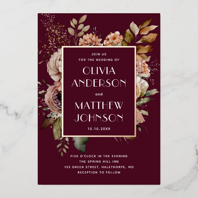 Dark Wine Floral Wedding | Romantic Fall Gold Foil Invitation (Front)