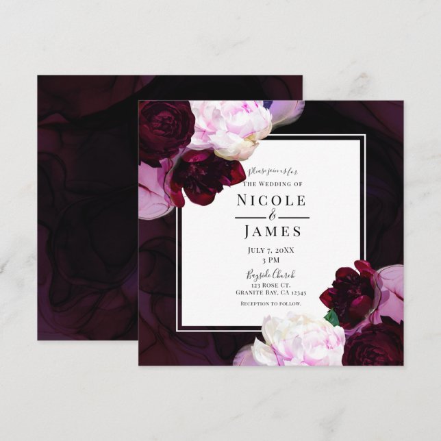Dark Wine Moody Floral Modern Elegant Glam Wedding Invitation (Front/Back)