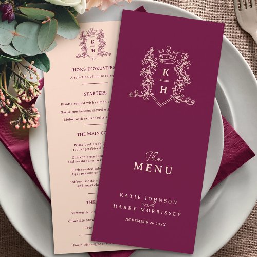 Dark wine red and peach crown monogram wedding menu