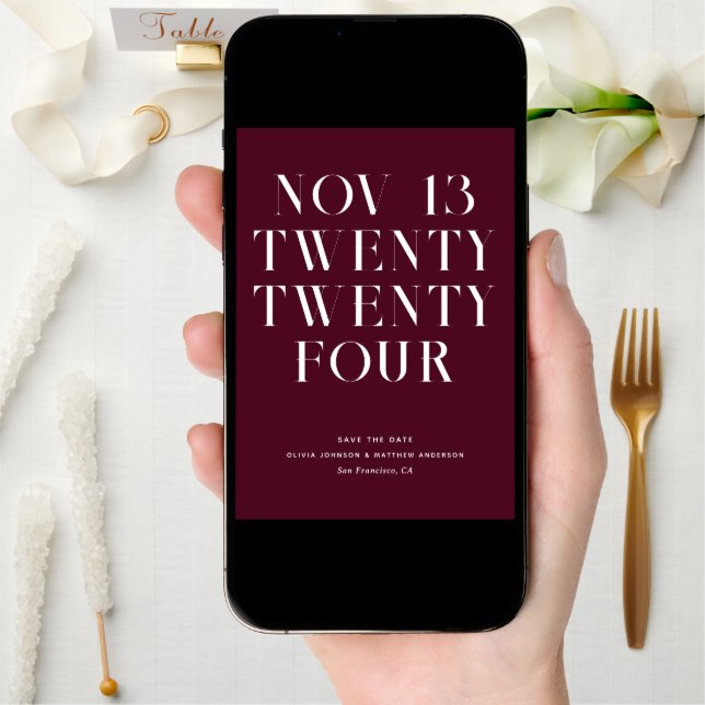 Dark Wine Wedding. Modern Minimalist Burgundy Plum Save The Date (Front Digital)